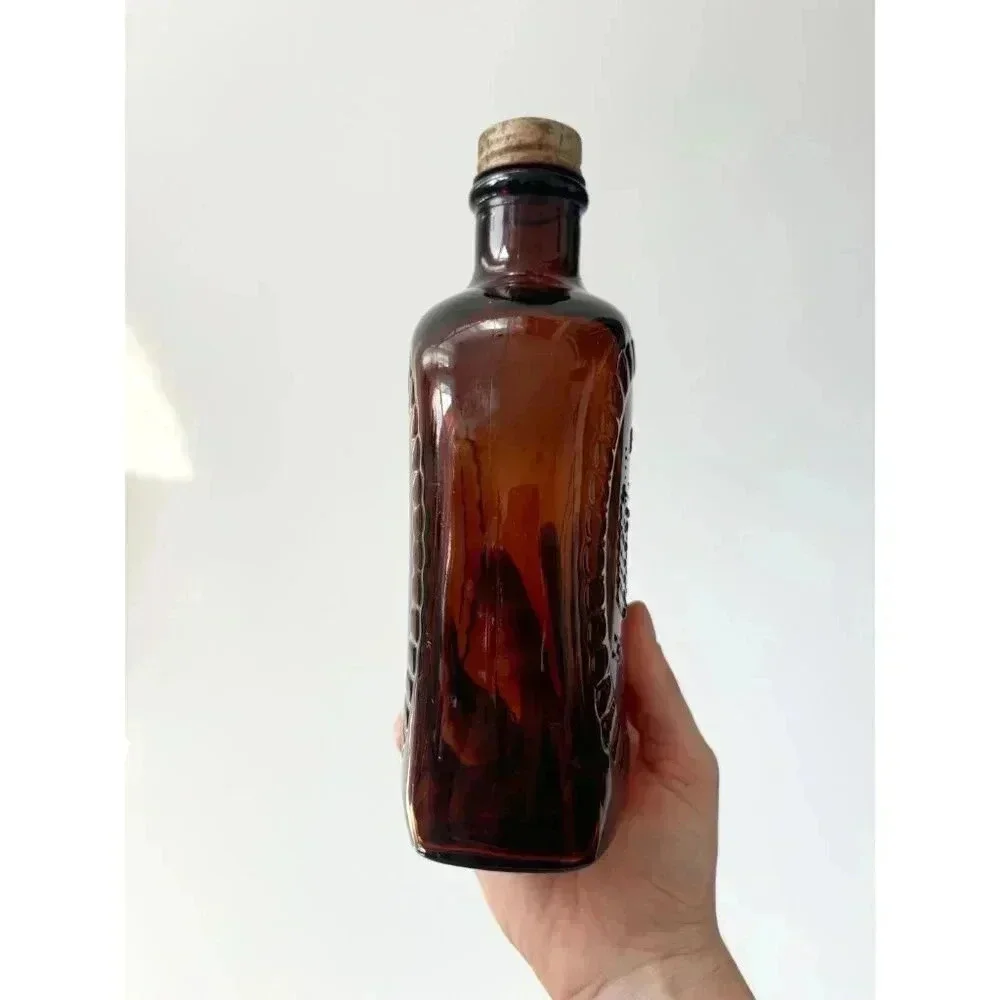 Vintage Dark Browl Glass Log Cabin Syrup Bicentennial Glass Container with Top